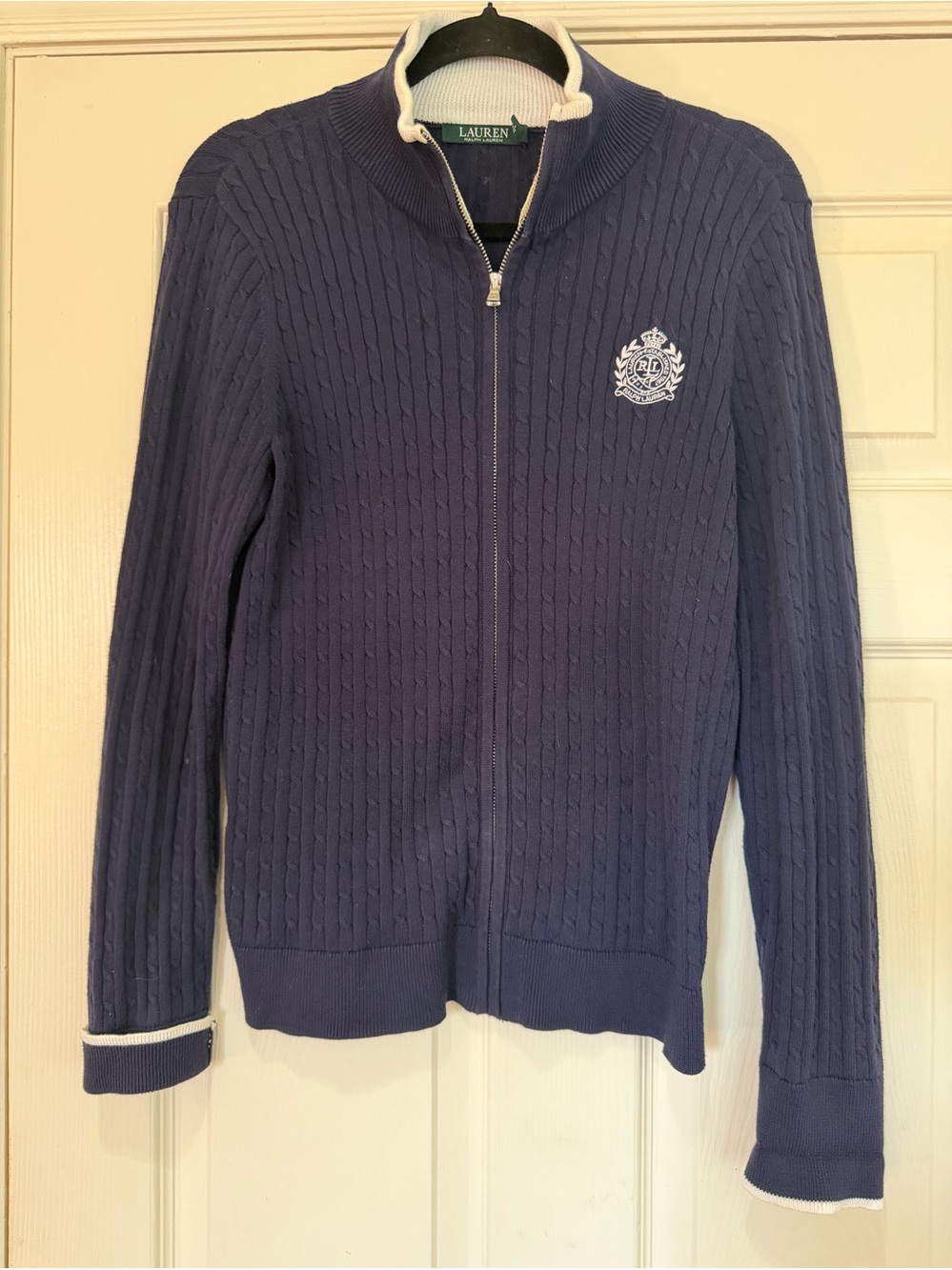 Lauren Ralph Lauren Navy Cable Knit Full Zip Cardigan Sweater Women’s L - Picture 3 of 9